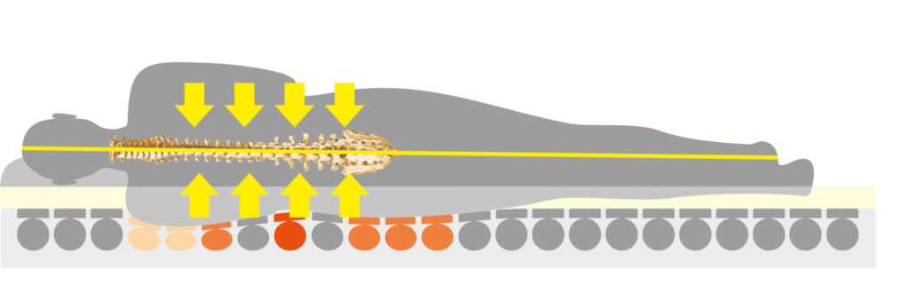 Körper liegt auf einer Matratze, die die Wirbelsäule ideal entlastet und somit Rückenschmerzen vorbeugt/lindert.