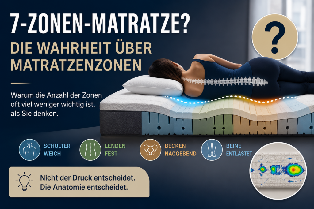 Illustration einer 7-Zonen-Matratze mit schlafender Person und Darstellung der unterschiedlichen Stützzonen für Schulter, Lendenwirbelsäule und Becken.