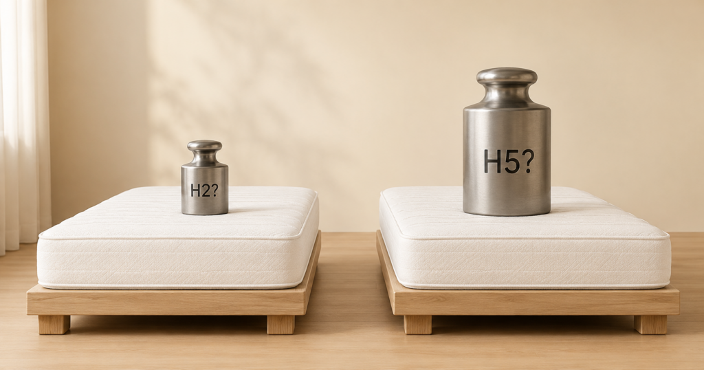 Zwei einzelne Matratzen mit unterschiedlich großen Metallgewichten, beschriftet mit „H2?“ und „H5?“, als Symbol für die Frage nach dem passenden Matratzenhärtegrad.